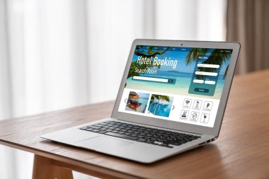 Çevrimiçi otel konaklama rezervasyon sitesi mod rezervasyon sistemi sağlar. Seyahat teknolojisi kavramı .
