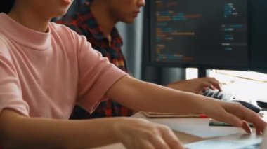 Bilgisayar programlama için arka uç yazılım geliştirici mühendisi. Yazı yazma kodlarını ayıklamak için birlikte çalışıyorlar. Ofisteki monitörde karmaşık algoritmaları çözüyorlar. Filizlenen