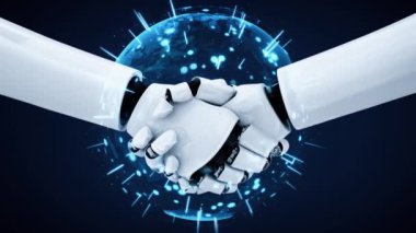 3D rendering hominoid robot handshake to collaborate future technology development by AI thinking brain, artificial intelligence and machine learning process for 4th industrial revolution.