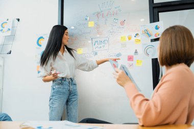 Kafkasyalı genç bir yönetici, iş sorularını güvenle cevaplarken zihin haritası, grafik kullanarak pazarlama stratejisi sunuyor. Takım çalışması, beyin fırtınası, tartışma konsepti. Tertemiz..