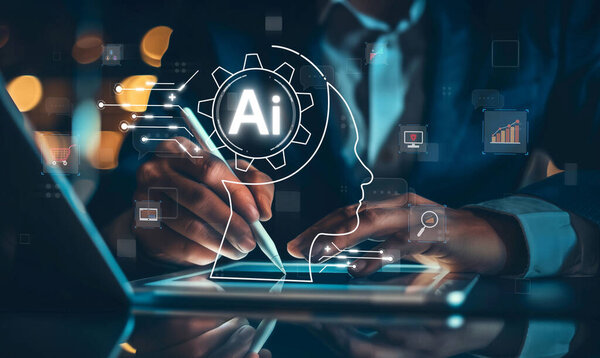Human interact with AI artificial intelligence brain processor in concept of AI artificial intelligence engineering, big data and AI machine learning to use generative AI for business support. EIDE