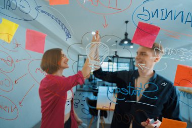 İki akıllı kooperatif iş adamı başarılı bir başlangıç projesini kutlamak için beşlik çakarken aynı zamanda zihin haritasını kullanarak cam panonun önünde beyin fırtınası yapıyorlar. Tertemiz..