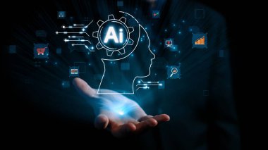 Yapay zeka mühendisliği, büyük veri ve yapay zeka makinesi kavramında yapay zeka beyin işlemcisiyle iş desteği için üretken yapay zeka kullanmayı öğrenen insan etkileşimi. Kullanıcı Kimliği