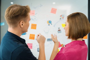 Zihin haritası ve renkli yapışkan notlar kullanarak pazarlama stratejisi hakkında yaratıcı Kafkas iş ekibi beyin fırtınası yapıyor. Yaratıcı iş tartışması ve takım çalışması konsepti. Arkadan bak. - Yakın çekim. Tertemiz..