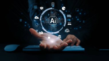 Yapay zeka mühendisliği, büyük veri ve yapay zeka makinesi kavramında yapay zeka beyin işlemcisiyle iş desteği için üretken yapay zeka kullanmayı öğrenen insan etkileşimi. Kullanıcı Kimliği