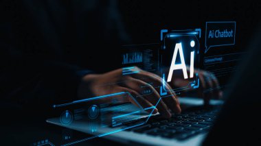 Yapay zeka sanal asistanı Chatbot ile yapay zeka konsepti ile insan etkileşimi, yapay zeka mühendisliği, LLM yapay zeka derin öğrenimi iş desteği için üretken yapay zeka kullanımı. Kullanıcı Kimliği