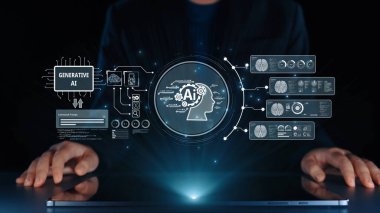 Yapay zeka mühendisliği, büyük veri ve yapay zeka makinesi kavramında yapay zeka beyin işlemcisiyle iş desteği için üretken yapay zeka kullanmayı öğrenen insan etkileşimi. Kullanıcı Kimliği