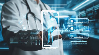 İnsan anatomisi hologramına bakan zeki doktorların laboratuvarda bulanık bir geçmişi var. Tıbbi araştırma yapan ve insan anatomisini inceleyen bir tıp çalışanı. Teknoloji. İyileştirici.