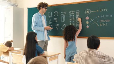 Afrikalı bir öğrencinin tahtada yazarken sorduğu soruya cevap vermesi. Zeki çocuklar matematik dersine katılırken ilkokul öğrencisinin sınıfın önünde matematik sınavı yapmasına bakıyor. Pedagoji.