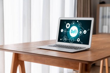 Model bilgisayar ekranında merkezi olmayan finans veya DeFi kavramı. Defi sistemi yeni yatırım ve tasarruf seçenekleri sunuyor .
