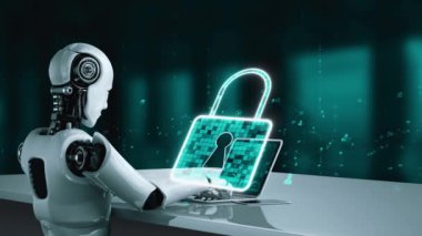 AI robot huminoid uses cloud computing technology to store data on online server . Futuristic concept of cloud information storage analyzed by machine learning process . 3D rendering .