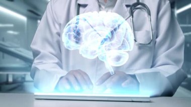 Laboratuvarda yüzen beyin anatomisi hologramıyla klavyede yazan zeki doktorlara yaklaş. Tıp çalışanı teşhisi ve teknoloji kullanarak beyin hastalıklarını kontrol ediyor. İyileştirici.