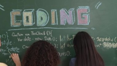 Akıllı öğrenci kodlama mühendisliği komut yazarken geçmişe dönüp kara tahtada yapay zeka programlama sistemi kodu oluşturmuş. Mutlu çeşitli çocuklar web sitesi geliştirme planı için birlikte çalışıyorlar. Pedagoji.