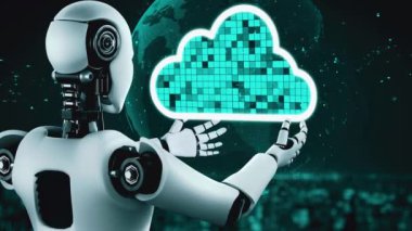 AI robot huminoid uses cloud computing technology to store data on online server . Futuristic concept of cloud information storage analyzed by machine learning process . 3D rendering .