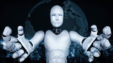Futuristic robot artificial intelligence huminoid AI programming coding technology development and machine learning concept. Robotic bionic science research for future of human life. 3D rendering.