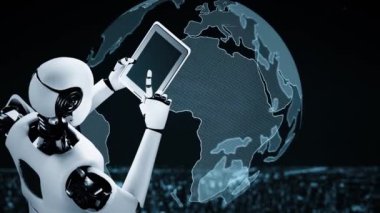 Future financial technology controll by AI robot huminoid uses machine learning and artificial intelligence to analyze business data and give advice on investment and trading decision . 3D rendering .