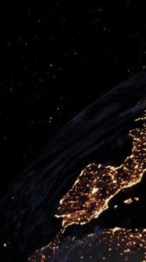 Gerçekçi coğrafya yüzeyi ve bulutların atmosferiyle Dünya 'nın 3D yörüngesel animasyonu. Kıtaları ve okyanus manzarasını gösteren dönen dünya küresi .