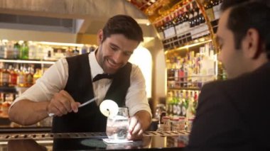 Akıllı barmen, lüks bir tezgahta arkadaşını beklerken limonlu cin kokteyli ikram ediyor. Barmen, canlı gece hayatı parti atmosferinde mükemmel hizmet veriyor. Vinosity.