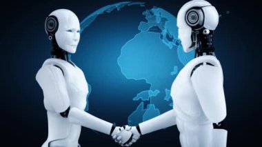 Future financial technology controll by AI robot huminoid uses machine learning and artificial intelligence to analyze business data and give advice on investment and trading decision . 3D rendering .