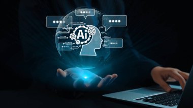 Yapay zeka mühendisliği, büyük veri ve yapay zeka makinesi kavramında yapay zeka beyin işlemcisiyle iş desteği için üretken yapay zeka kullanmayı öğrenen insan etkileşimi. Kullanıcı Kimliği