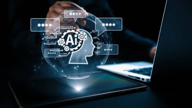 Yapay zeka mühendisliği, büyük veri ve yapay zeka makinesi kavramında yapay zeka beyin işlemcisiyle iş desteği için üretken yapay zeka kullanmayı öğrenen insan etkileşimi. Kullanıcı Kimliği