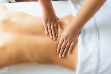 Kapalı alan kadın müşteri stres önleyici spa masajını yapmaktan zevk alıyor ve lüks otel ya da oteldeki gündüz açık hava güzellik salonunda güzellik teniyle eğleniyor. Sessiz.