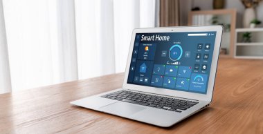 Smart home technology, centric remote control system with digital dashboard for air conditioning, safety security network or house automation. App software, ui panel programming IOT monitor snugly