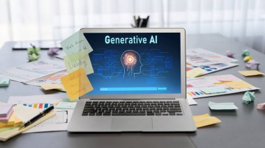 İş fikri için yaratıcı ve analitik beyin fırtınası için yapışkan bir not ve dizüstü bilgisayarında BI veri paneli var. Pazarlama stratejisi için finansal veri görselleştirme teknolojisini analiz et. Dahi.