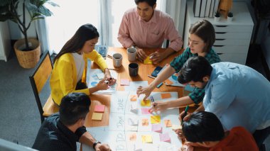 Çeşitli iş adamlarının beyin fırtınası fikri ve yapışkan notlara yazı yazarken işaretleyici kullanarak zihin haritası çizmelerinin üst görüntüsü. Yaratıcı strateji planlarken bir grup zeki ekip fikir paylaşıyor. Cemaat.