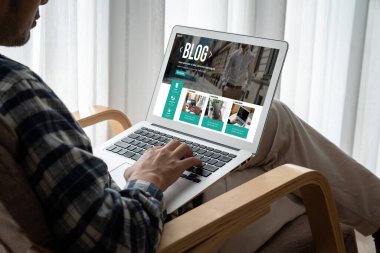 blogging concept, web blog Social Media Information network snugly. social media online content, freelance worker, working online, content creator, blogger, website, reading blog online on computer