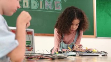 Dizüstü bilgisayar ekranında çalışan çeşitli öğrenci kodlama mühendisliği komut yazılımı ve yapay zeka programlaması yapıyor. Amerikalı kız, erkek makine tamir ederken ekipmanları teftiş ediyor. Pedagoji.