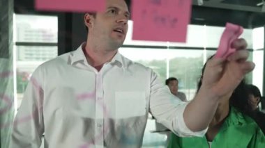 Yetenekli işadamı, cam duvara renkli yapışkan notlar yapıştırarak proje yöneticisine pazarlama fikrini sundu. Proje yöneticisi yatırımcıya projeyi gösteriyor, anlatıyor, gösteriyor. Yönlendirici.