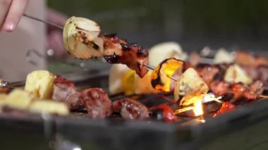 Grilled food of family celebration anniversary. Family have dinner party in garden. Outdoor camping activity relax with tasty food and spend time with cute relatives cross generation gap. Divergence.