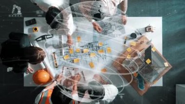 Yetenekli mimar mühendisinin küresel bağlantı hologramıyla ya da bilgisayar ağının hologramıyla birlikte çalıştığına dair üst düzey bir görüş. Proje yöneticisinin hava görüntüsü konuşuyor ve tasarımı açıklıyor. Hizalama.