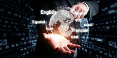 Birden fazla dille küresel iletişim. Çevrimiçi dil çalışmasına sahip dijital sanal gerçeklik küresi, çevirmenlik dersi ve bağlı VR dünyasında uygulama yetenekleri. EIDE