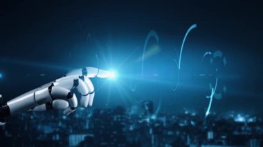 Gelecekçi robot yapay zeka yapay zeka yapay zekayı aydınlatıyor ve makine öğrenme kavramını geliştiriyor. İnsan hayatının geleceği için küresel robotik blok zincir bilimi araştırması. 3B görüntüleme grafiği