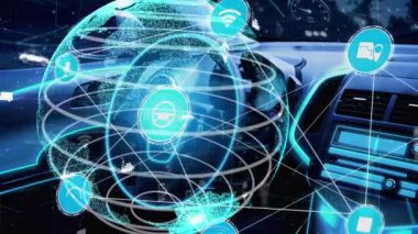 Yeni şehir yolunda gelecek araba trafiği için akıllı ulaşım teknolojisi kavramı. Sanal akıllı sistem, şehir sokaklarındaki araç verilerini birbirine bağlamak için dijital bilgi analizi yapıyor .