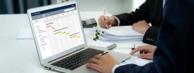 Ekip projesinin zaman çizelgesini gösteren bilgisayar ekranında canlı iş projesi yönetimi için proje planlama yazılımı