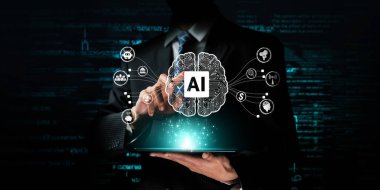 Human interact with AI artificial intelligence brain processor in concept of AI artificial intelligence engineering, big data and AI machine learning to use generative AI for business support. Faas clipart