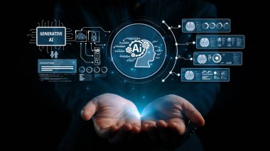 Yapay zeka mühendisliği, büyük veri ve yapay zeka makinesi kavramında yapay zeka beyin işlemcisiyle iş desteği için üretken yapay zeka kullanmayı öğrenen insan etkileşimi. Kullanıcı Kimliği