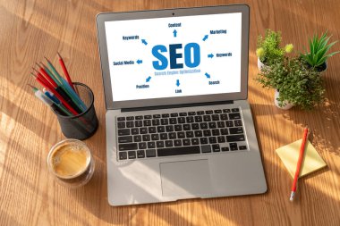 Model e-ticaret için SEO arama motoru optimizasyonu ve bilgisayar ekranında gösterilen çevrimiçi perakende işi