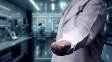 Laboratuvarda parlak mavi beyin hologramını tutan bulanık geçmişi olan doktorlara yaklaş. Yetenekli nörolog beyin hologramına ve beyin hasarına bakıyor. Eline odaklan. İyileştirici.