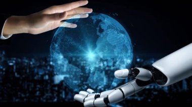 Gelecekçi robot yapay zeka yapay zeka yapay zekayı aydınlatıyor ve makine öğrenme kavramını geliştiriyor. İnsan hayatının geleceği için küresel robot biyonik bilim araştırması. 3B görüntüleme grafiği.