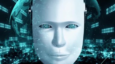 Future financial technology controll by AI robot huminoid uses machine learning and artificial intelligence to analyze business data and give advice on investment and trading decision . 3D rendering .