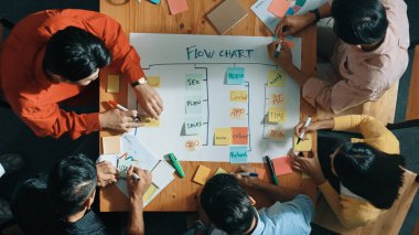 Renkli yapışkan notlarda plan yazarken ve planlarken akıllı insanların yazı yazma ve kargaşa yaratma stratejilerinin en üst görüntüsü. Akıllı takım, Kanban yönetim kurulunu kullanarak iş performansını yönetir. Cemaat.