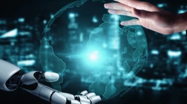 Gelecekçi robot yapay zeka yapay zeka yapay zekayı aydınlatıyor ve makine öğrenme kavramını geliştiriyor. İnsan hayatının geleceği için küresel robot biyonik bilim araştırması. 3B görüntüleme grafiği.