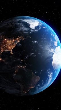 Gerçekçi coğrafya yüzeyi ve bulutların atmosferiyle Dünya 'nın 3D yörüngesel animasyonu. Kıtaları ve okyanus manzarasını gösteren dönen dünya küresi .