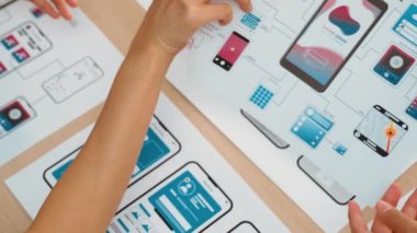 Mobil uygulama ya da web sitesi için kullanıcı arayüzü prototipi planlayan şirket çalışanlarının panorama videosu. UX UI tasarım beyin fırtınası kullanıcı dostu arayüz planı tasarlıyor. Sinerjik