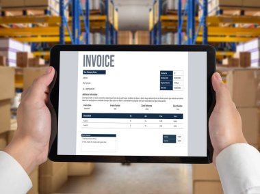 Muhasebe uygulamasından gelen fatura bilgisayar ekranında. Şirket işlerinin finans ve bütçesi için bilgisayar programı. Rahatça..