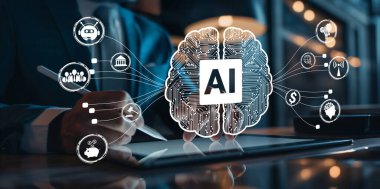 Yapay zeka mühendisliği, büyük veri ve yapay zeka makinesi kavramında yapay zeka beyin işlemcisiyle iş desteği için üretken yapay zeka kullanmayı öğrenen insan etkileşimi. EIDE